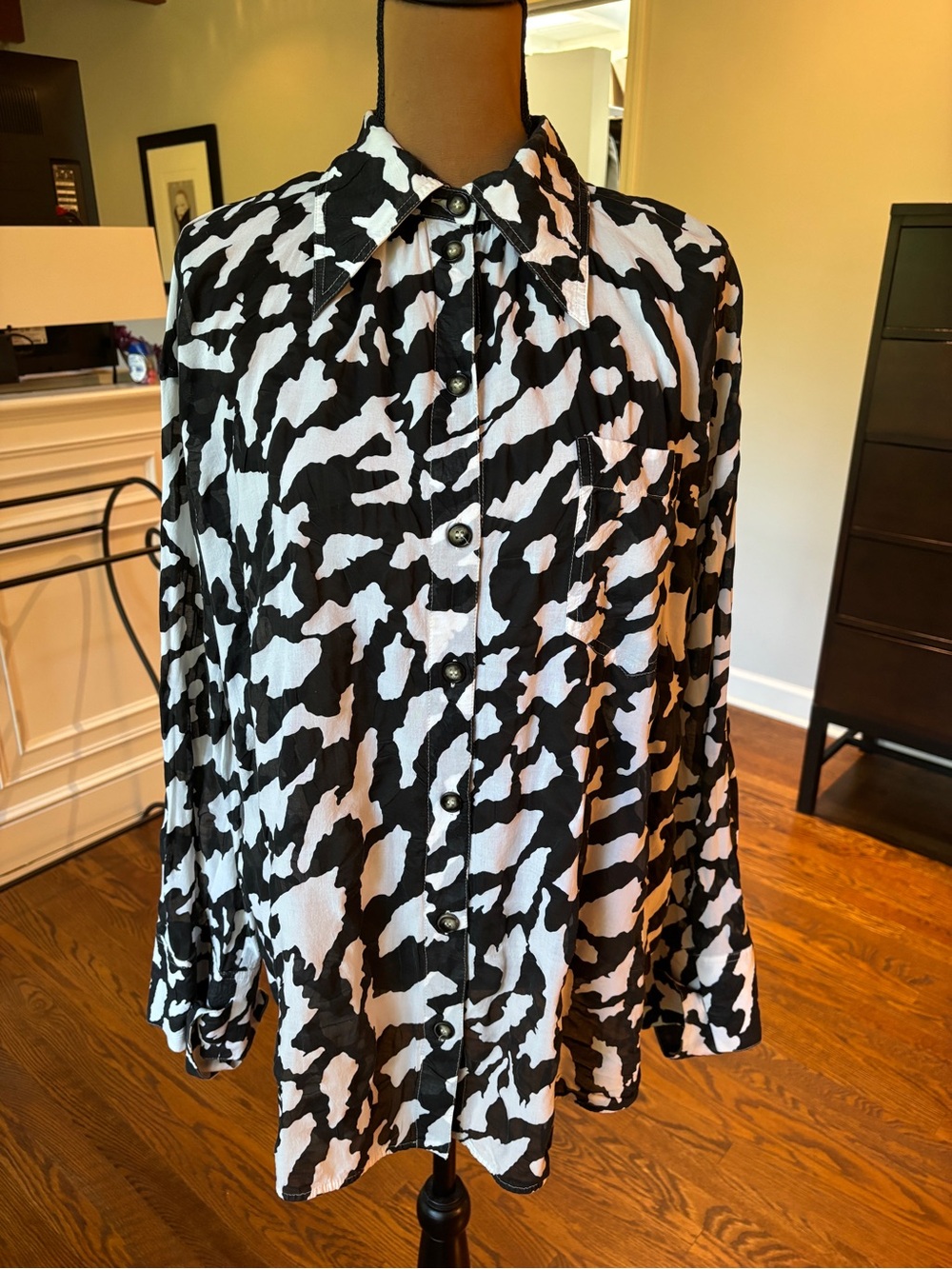 Nanushka Black and White Abstract Animal Print Button-Up Blouse